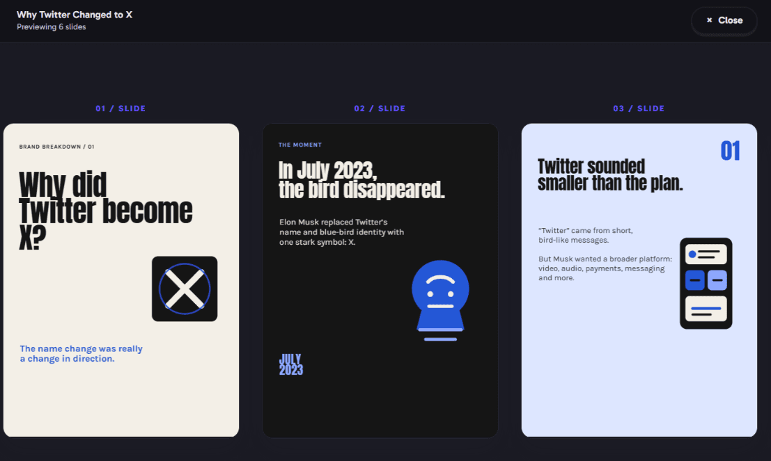 Carousel slide preview screen